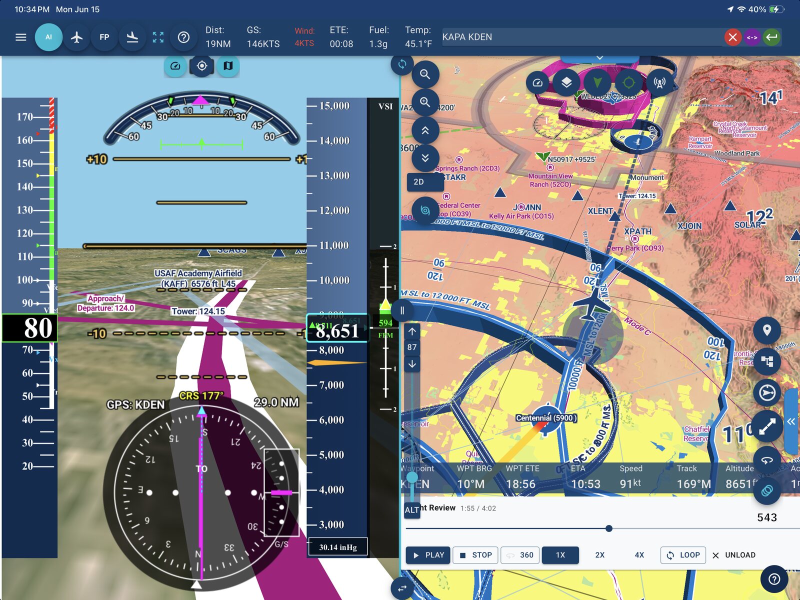 AvNav 3D replay view with flight path and map context